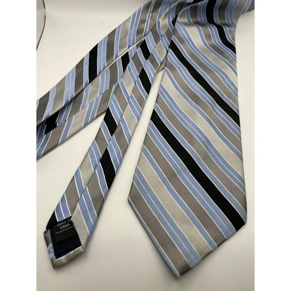 Jones New York Mens Silk Necktie Blue Silver Black Striped Classic Formal Tie
